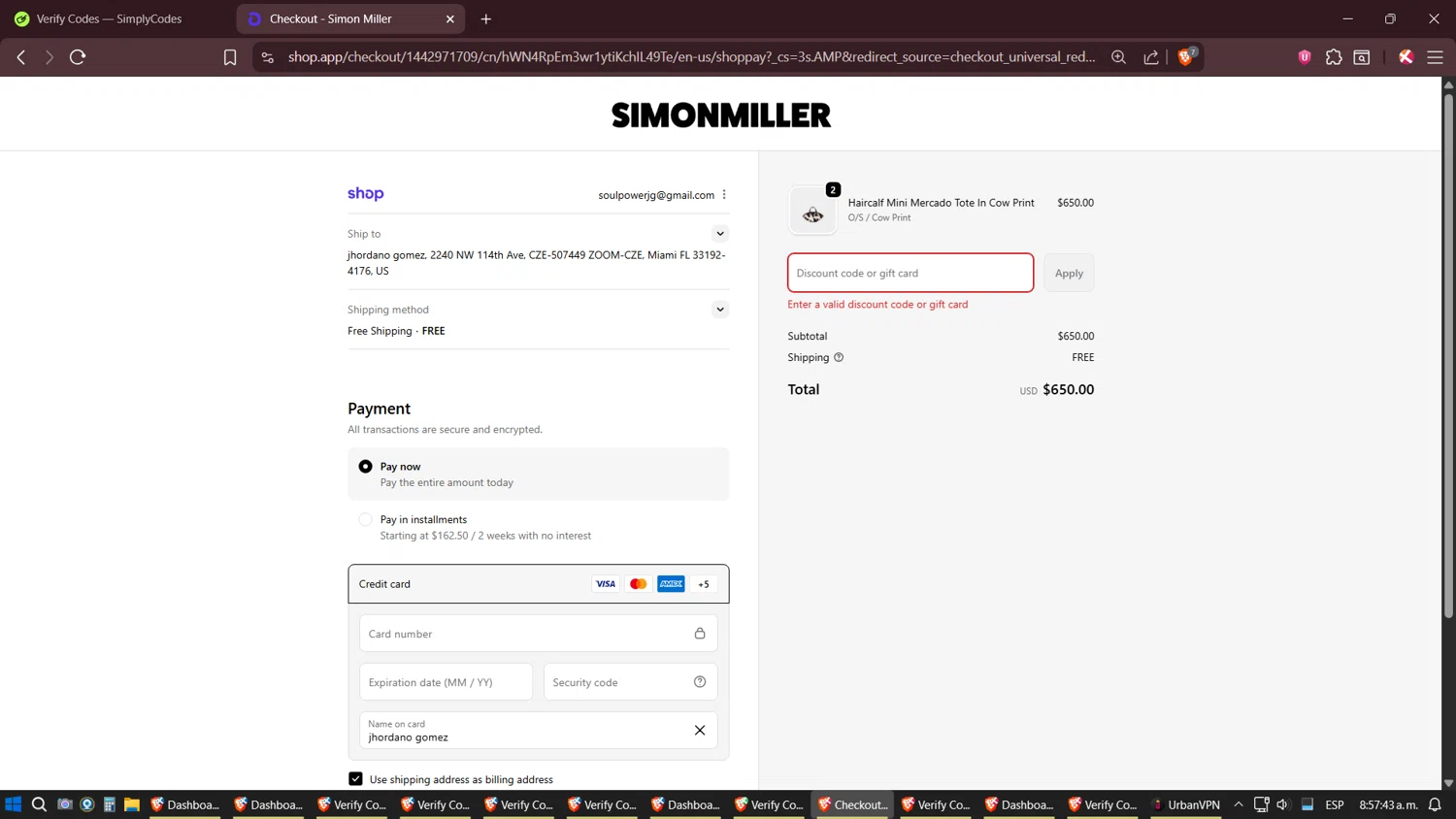 Simon Miller discount code screenshot showing code FLASH25 applied at Simon Miller checkout page. Uploaded by SimplyCodes community member Shizuku on Oct 23, 2025