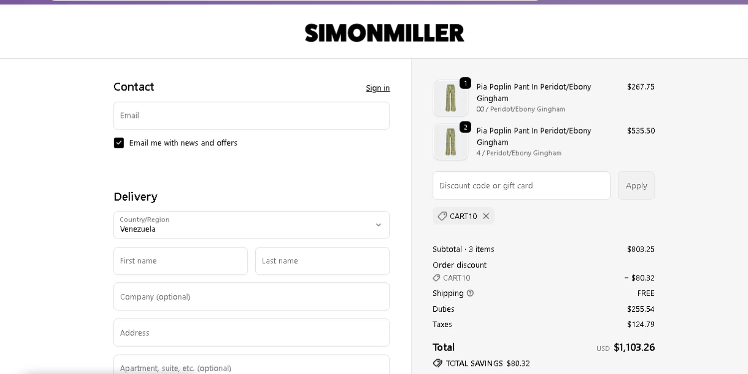 Simon Miller promo code screenshot showing code cart10 applied at Simon Miller checkout page. Uploaded by SimplyCodes community member beatrizcastillo on Jun 8, 2026