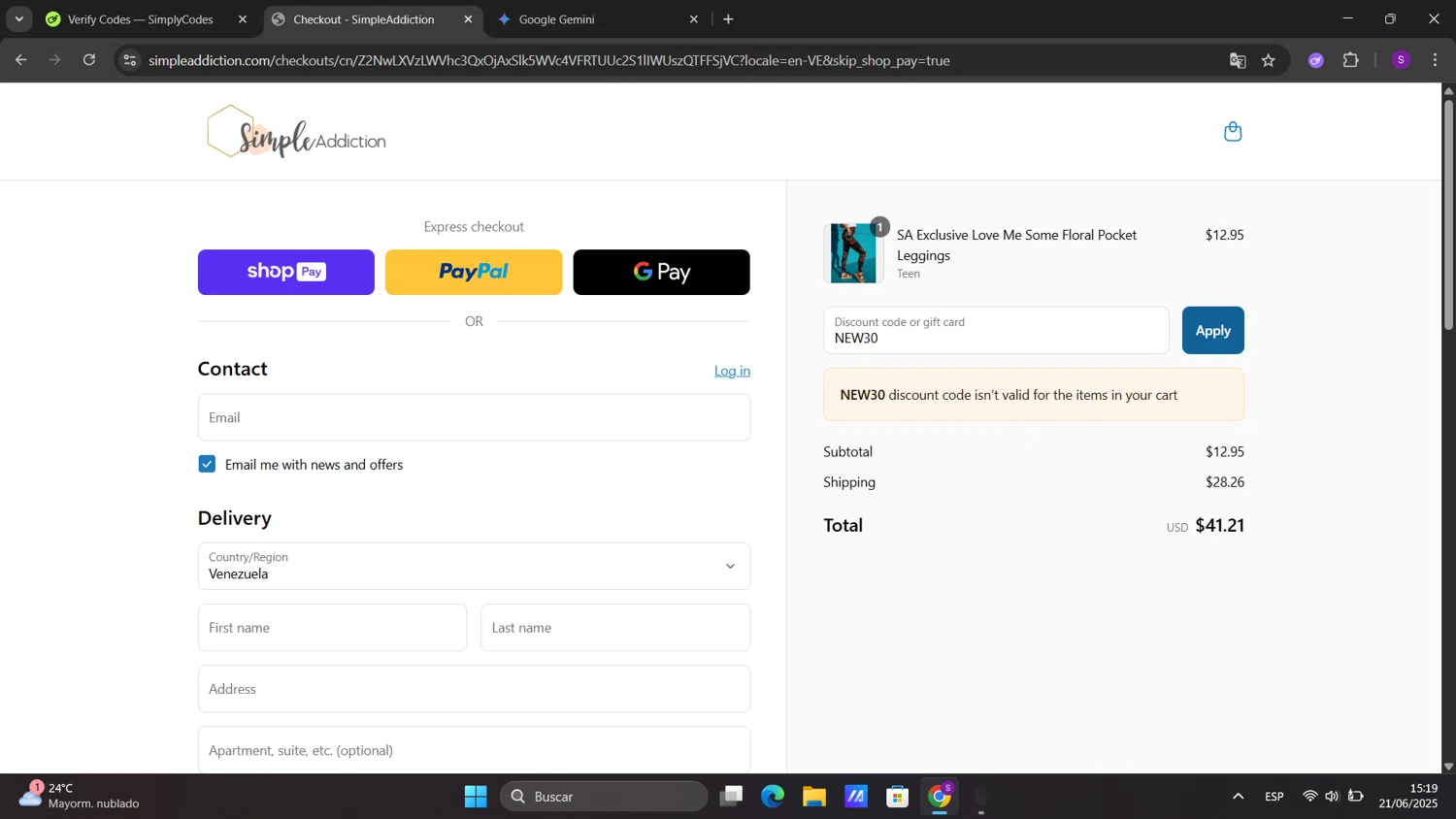 Simple Addiction coupon code screenshot showing code NEW30 applied at Simple Addiction checkout page. Uploaded by SimplyCodes community member sorialbam on Jun 21, 2025