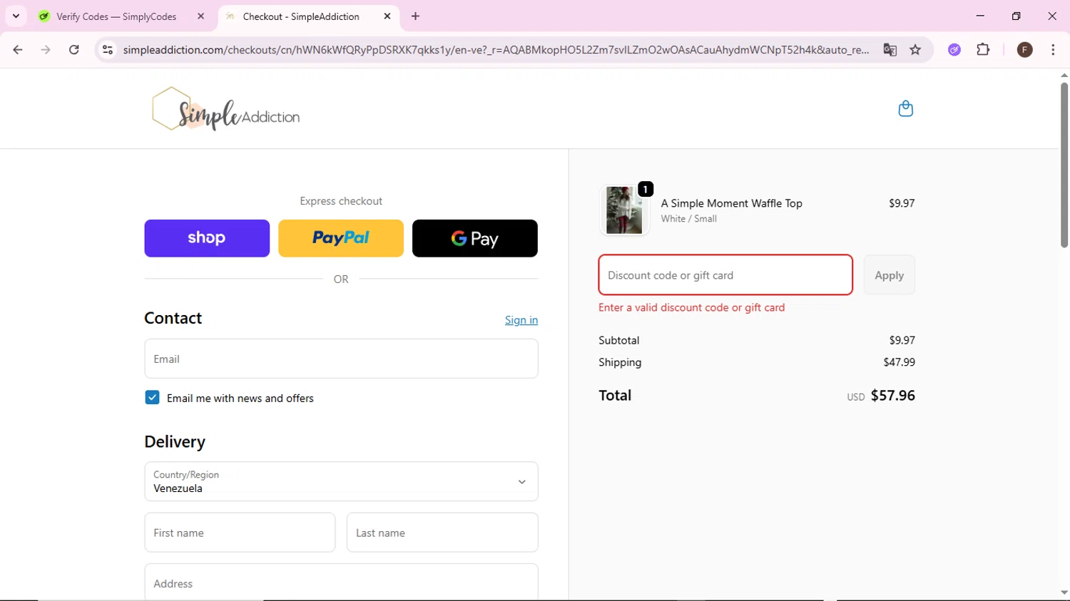 Simple Addiction coupon code screenshot showing code CLEARANCE25 applied at Simple Addiction checkout page. Uploaded by SimplyCodes community member BargainShopper1802 on Dec 23, 2025