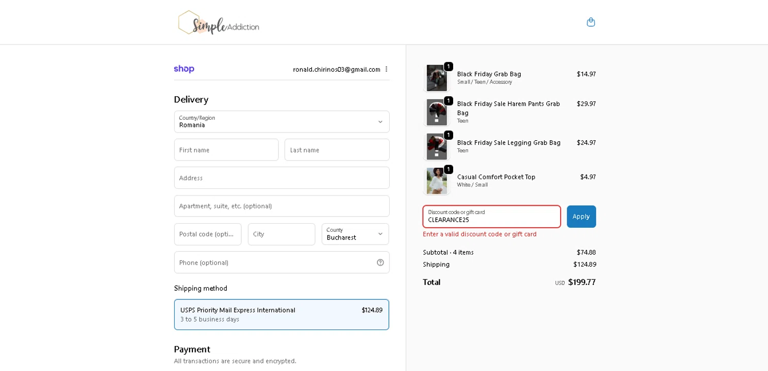 Simple Addiction coupon code screenshot showing code CLEARANCE25 applied at Simple Addiction checkout page. Uploaded by SimplyCodes community member CodeExpert7814 on Dec 23, 2025