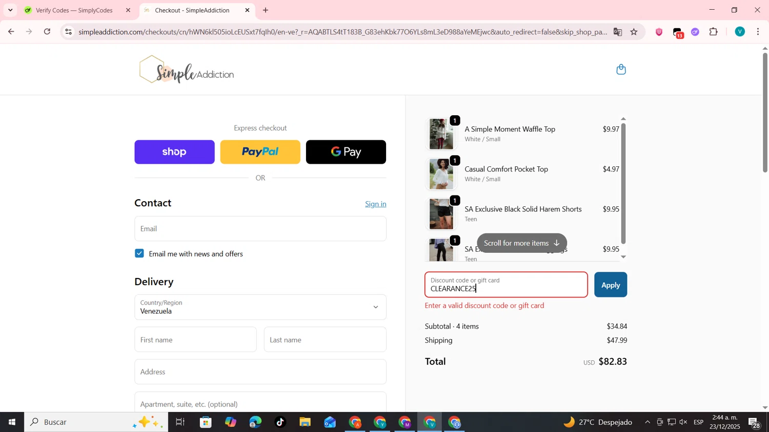 Simple Addiction coupon code screenshot showing code CLEARANCE25 applied at Simple Addiction checkout page. Uploaded by SimplyCodes community member lyffytaro on Dec 23, 2025