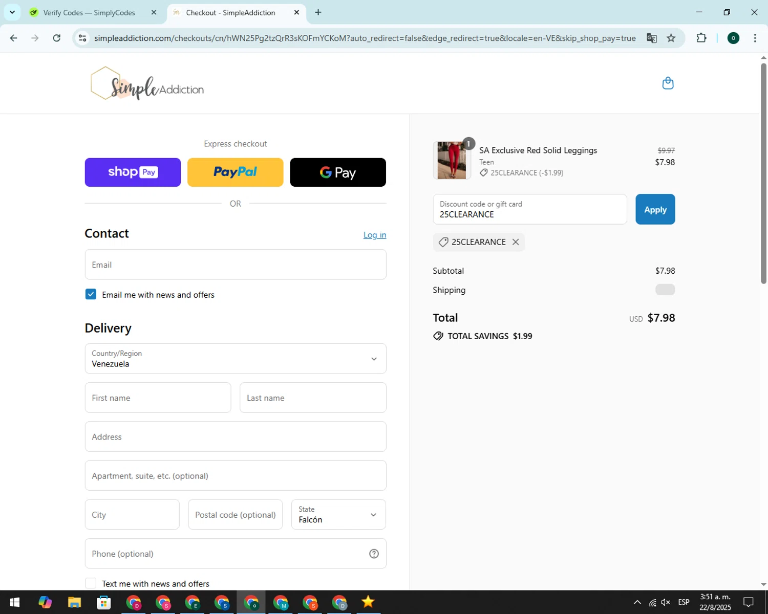 Simple Addiction coupon code screenshot showing code 25CLEARANCE applied at Simple Addiction checkout page. Uploaded by SimplyCodes community member 00000008 on Aug 22, 2025