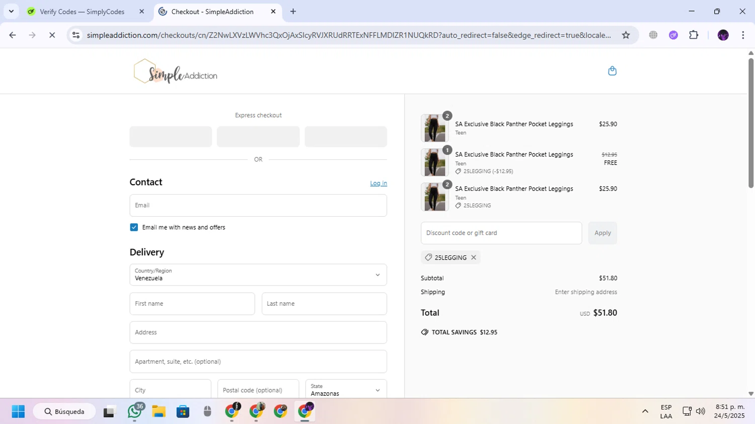 Simple Addiction coupon code screenshot showing code 25LEGGING applied at Simple Addiction checkout page. Uploaded by SimplyCodes community member GloriousGuardian9063 on May 25, 2025