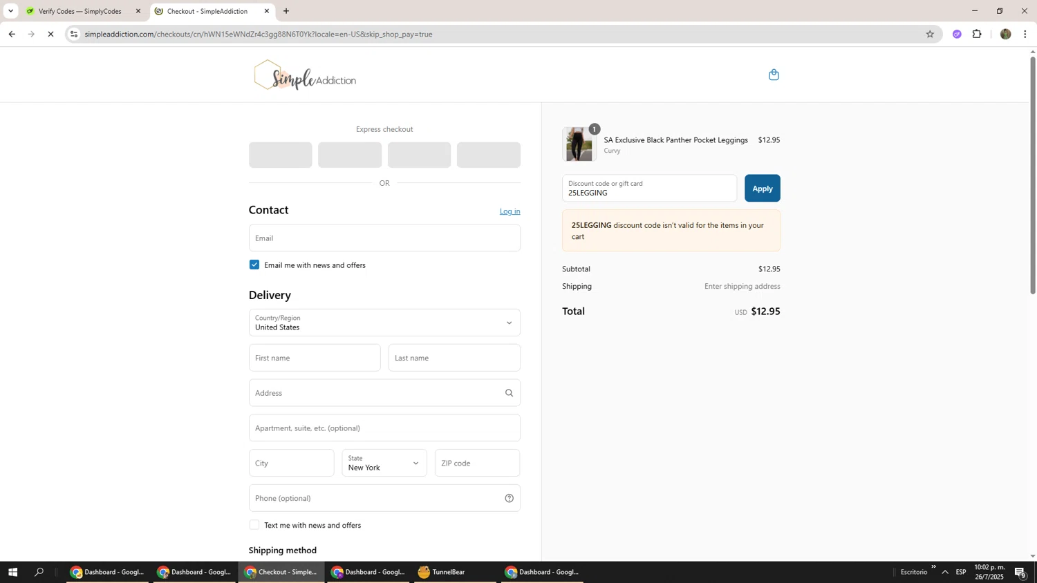 Simple Addiction coupon code screenshot showing code 25LEGGING applied at Simple Addiction checkout page. Uploaded by SimplyCodes community member Phoenix585 on Jul 27, 2025