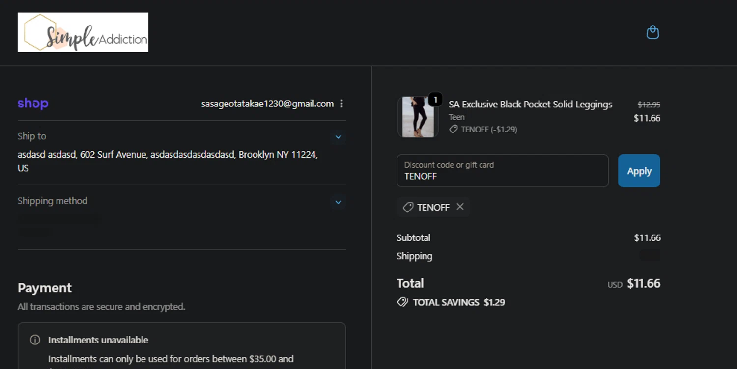 Simple Addiction coupon code screenshot showing code TENOFF applied at Simple Addiction checkout page. Uploaded by SimplyCodes community member jaimitoalcachofa on Nov 14, 2025
