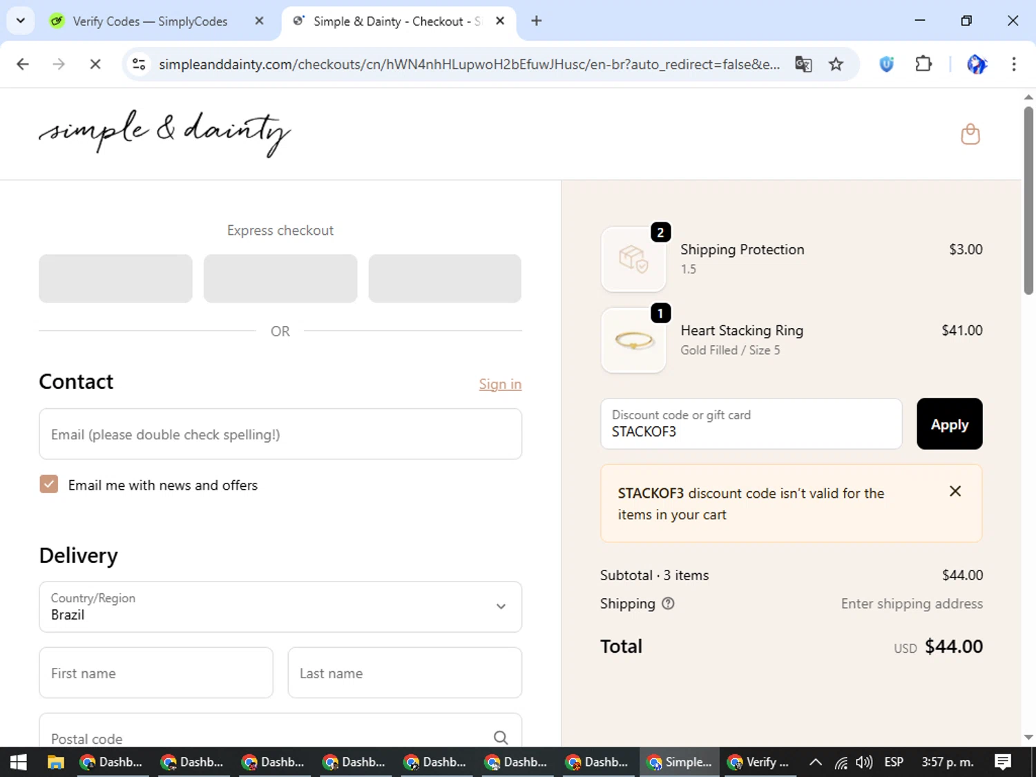 Simple & Dainty promo code screenshot showing code STACKOF3 applied at Simple & Dainty checkout page. Uploaded by SimplyCodes community member WiseHunter8213 on Nov 1, 2025