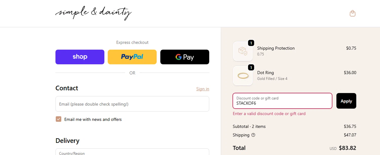 Simple & Dainty promo code screenshot showing code STACKOF6 applied at Simple & Dainty checkout page. Uploaded by SimplyCodes community member LieutenantGhost on Nov 24, 2025