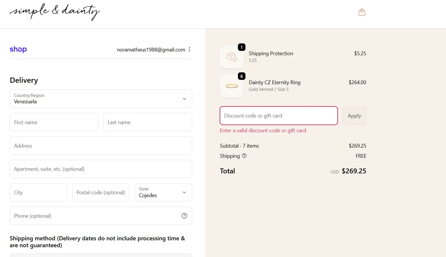 Simple & Dainty promo code screenshot showing code STACKOF6 applied at Simple & Dainty checkout page. Uploaded by SimplyCodes community member Maslindo on Nov 24, 2025