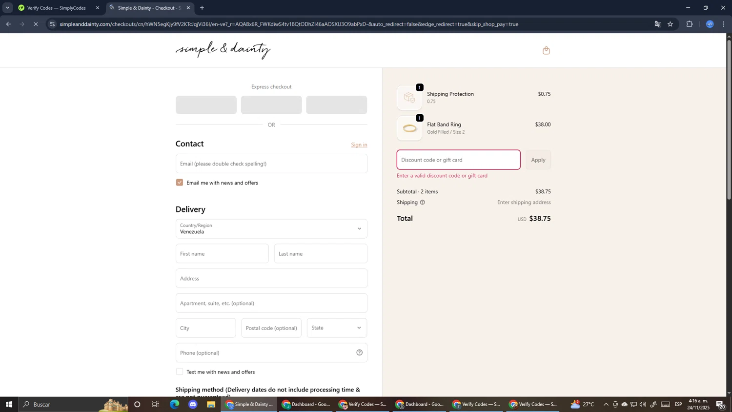 Simple & Dainty promo code screenshot showing code EARPARTYOF3 applied at Simple & Dainty checkout page. Uploaded by SimplyCodes community member RoyalExpert3857 on Nov 24, 2025