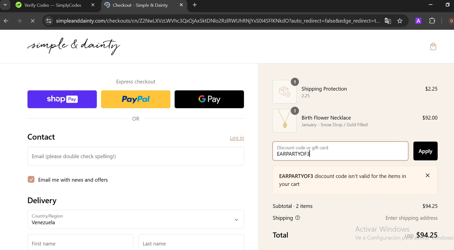 Simple & Dainty promo code screenshot showing code EARPARTYOF3 applied at Simple & Dainty checkout page. Uploaded by SimplyCodes community member PennyCaptain4684 on Feb 5, 2025