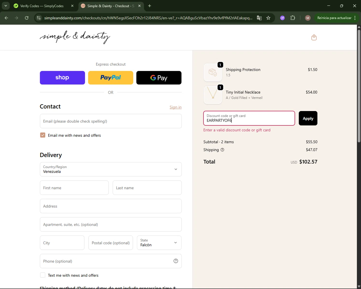 Simple & Dainty promo code screenshot showing code EARPARTYOF6 applied at Simple & Dainty checkout page. Uploaded by SimplyCodes community member CoinLegend4598 on Nov 24, 2025