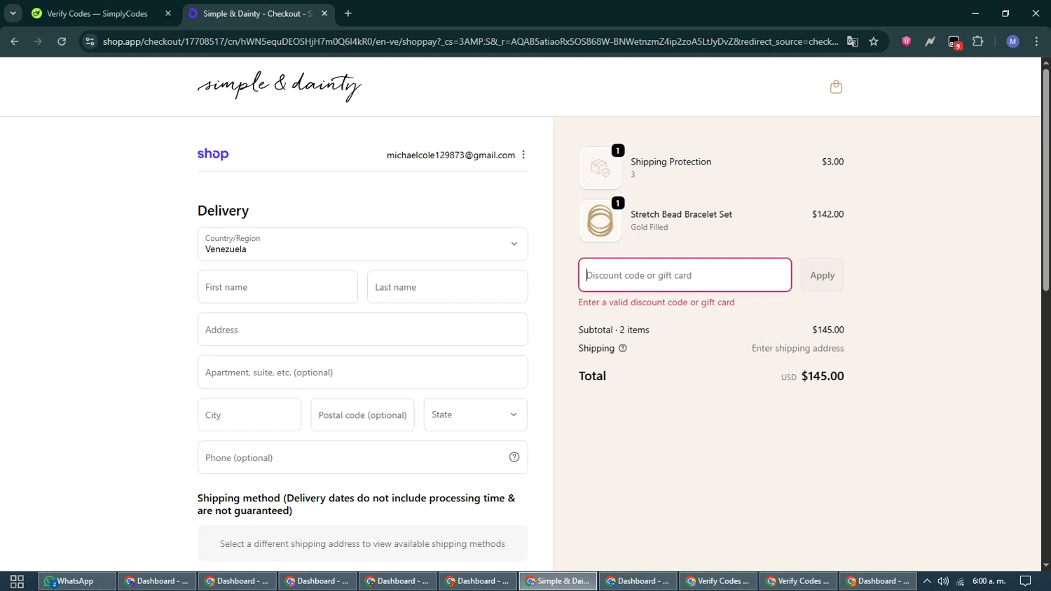 Simple & Dainty promo code screenshot showing code EARPARTYOF6 applied at Simple & Dainty checkout page. Uploaded by SimplyCodes community member VoucherCurator824 on Nov 24, 2025