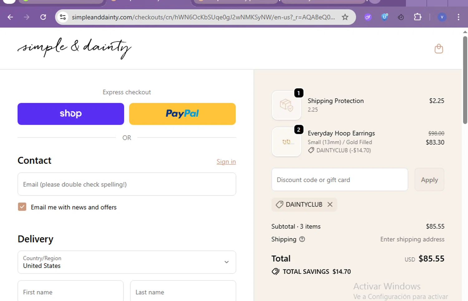 Simple & Dainty promo code screenshot showing code DAINTYCLUB applied at Simple & Dainty checkout page. Uploaded by SimplyCodes community member beatrizcastillo on Dec 13, 2025