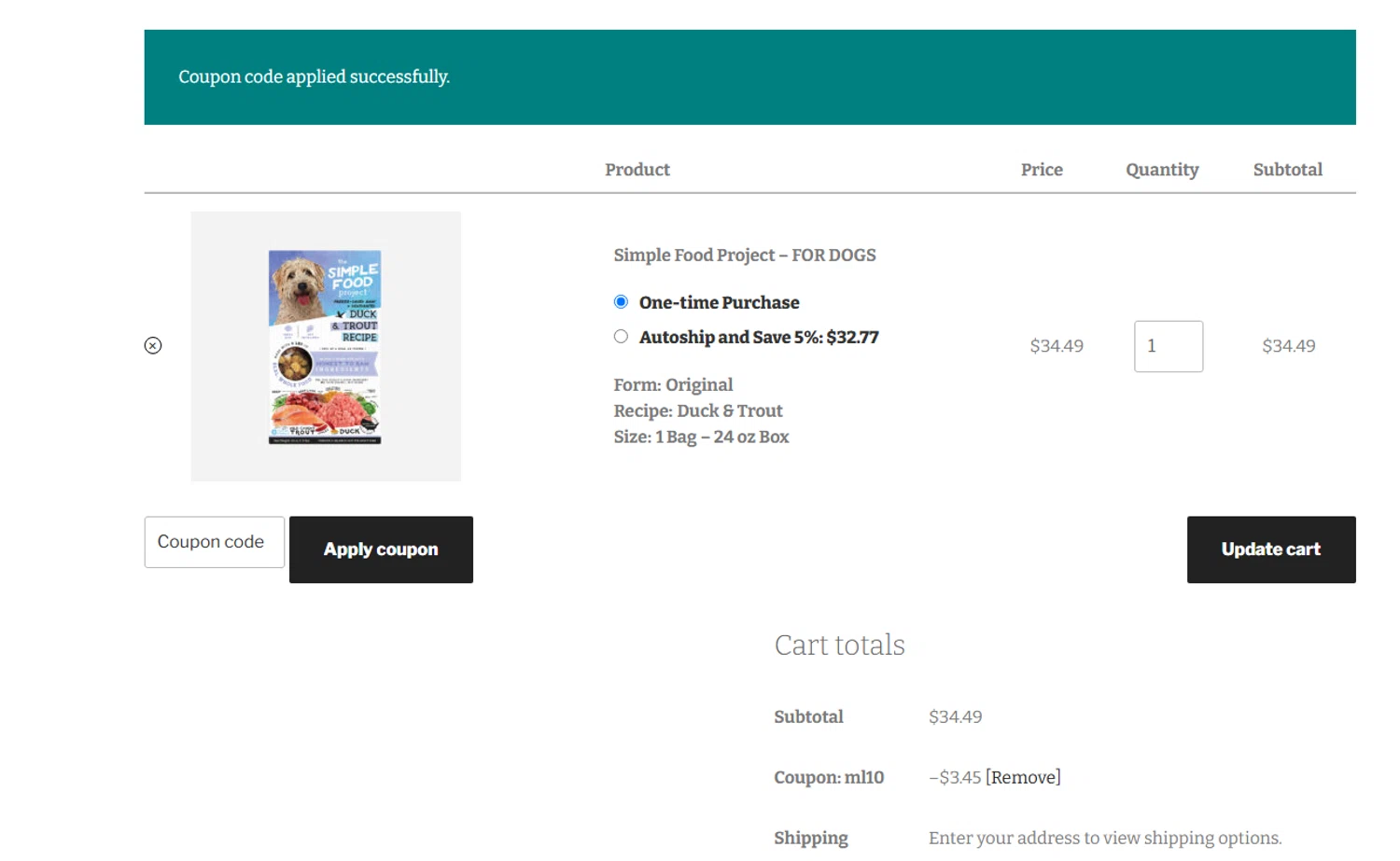 Simple Food Project promo code screenshot showing code Ml10 applied at Simple Food Project checkout page. Uploaded by SimplyCodes community member NinjaShoyo on Jun 29, 2025