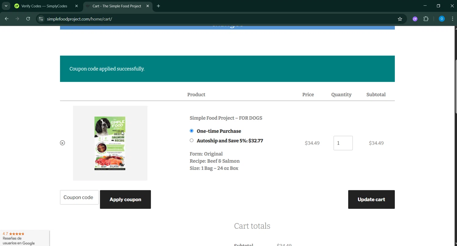 Simple Food Project promo code screenshot showing code Ml10 applied at Simple Food Project checkout page. Uploaded by SimplyCodes community member _____________ on May 11, 2025