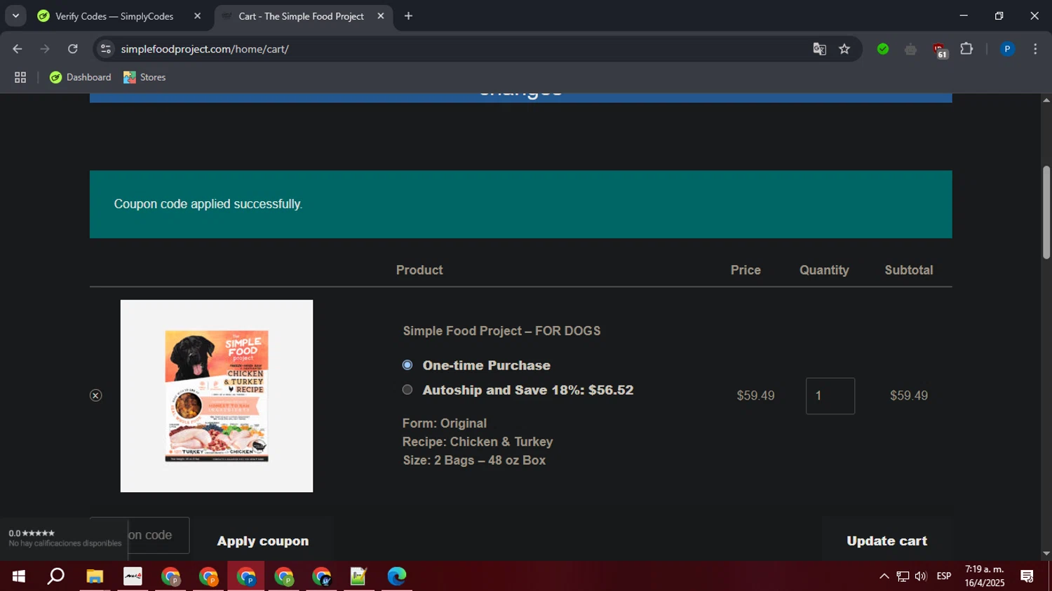 Simple Food Project promo code screenshot showing code GRACIE10 applied at Simple Food Project checkout page. Uploaded by SimplyCodes community member GoldSaver3857 on Apr 16, 2025