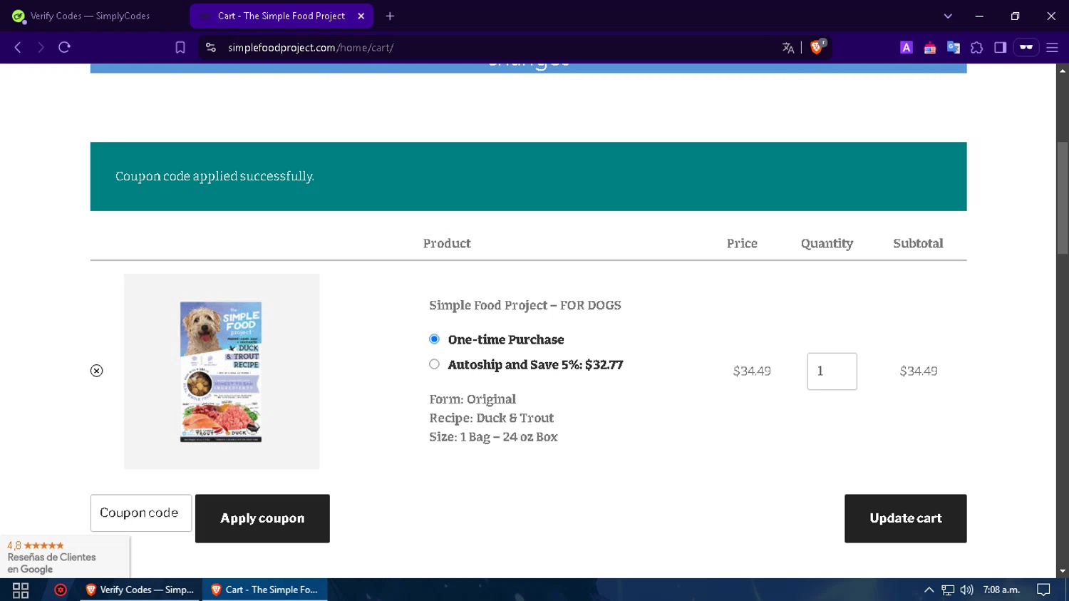 Simple Food Project promo code screenshot showing code GRACIE10 applied at Simple Food Project checkout page. Uploaded by SimplyCodes community member GloriousMaestro4930 on Mar 18, 2025