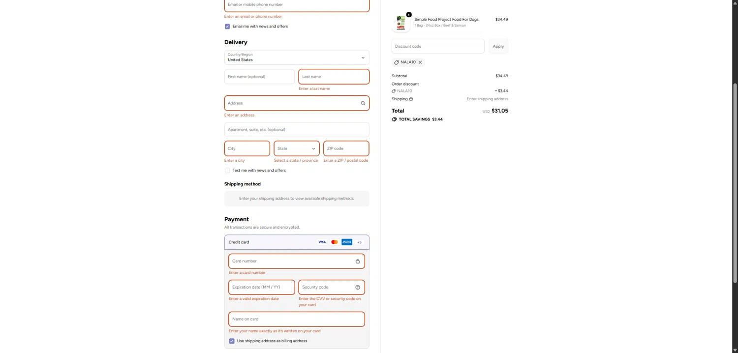 Simple Food Project checkout page showing Simple Food Project promo code box | Screenshot taken by SimplyCodes community member on Jan 12, 2026