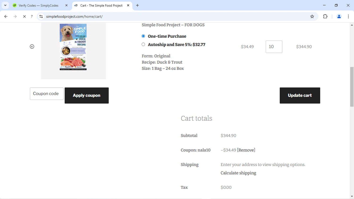Simple Food Project promo code screenshot showing code NALA10 applied at Simple Food Project checkout page. Uploaded by SimplyCodes community member MoneyMaverick9441 on Jul 9, 2025