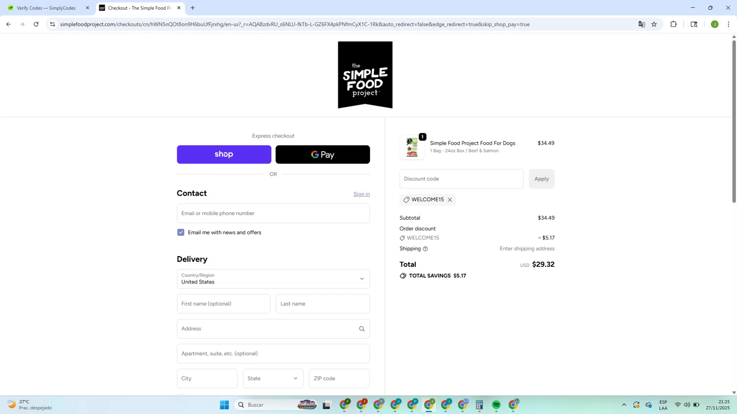 Simple Food Project promo code screenshot showing code WELCOME15 applied at Simple Food Project checkout page. Uploaded by SimplyCodes community member Elcogeculo on Nov 28, 2025