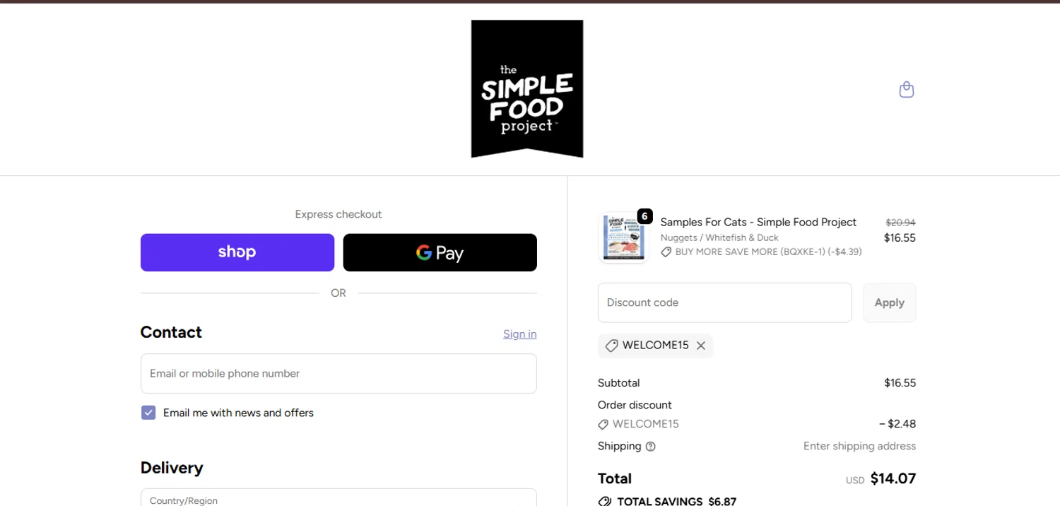 Simple Food Project promo code screenshot showing code WELCOME15 applied at Simple Food Project checkout page. Uploaded by SimplyCodes community member juanisaac on Nov 16, 2025