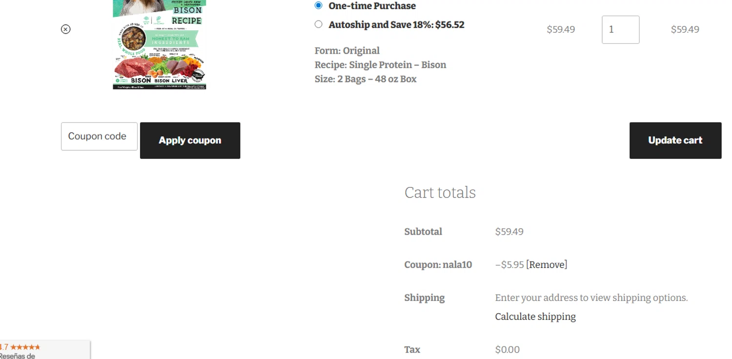 Simple Food Project promo code screenshot showing code NALA10 applied at Simple Food Project checkout page. Uploaded by SimplyCodes community member shark12 on Jul 9, 2025