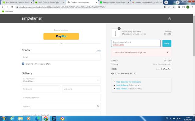 Simplehuman checkout page showing Simplehuman discount code box | Screenshot taken by SimplyCodes community member on Aug 27, 2024