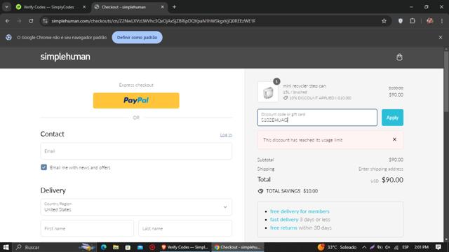 Simplehuman checkout page showing Simplehuman discount code box | Screenshot taken by SimplyCodes community member on Aug 27, 2024