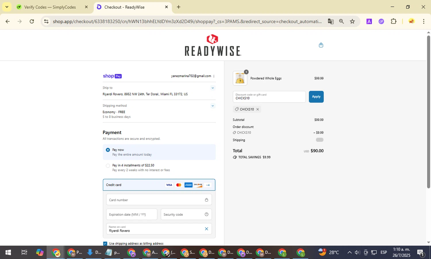 Simple Kitchen Foods promo code screenshot showing code CHICKS10 applied at Simple Kitchen Foods checkout page. Uploaded by SimplyCodes community member NobleMonarch1787 on Jul 26, 2025