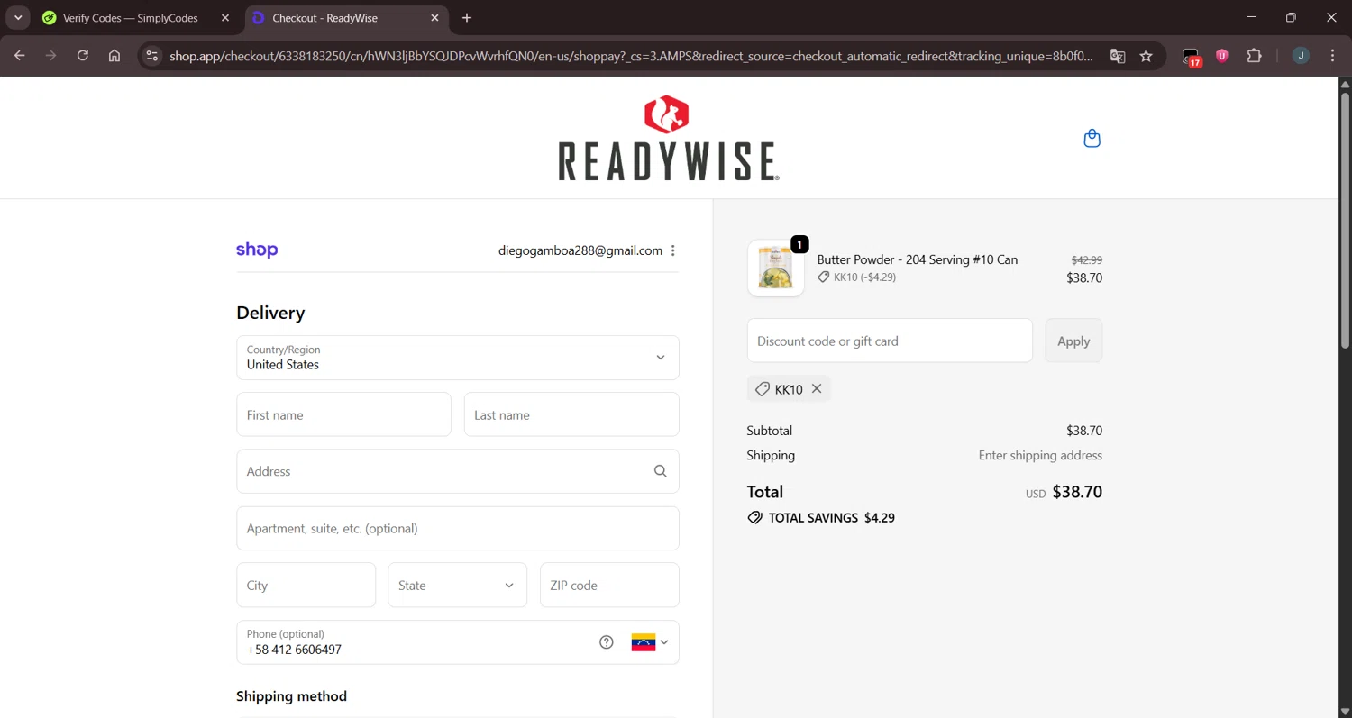Simple Kitchen Foods promo code screenshot showing code KK10 applied at Simple Kitchen Foods checkout page. Uploaded by SimplyCodes community member Eltoro20 on Oct 5, 2025