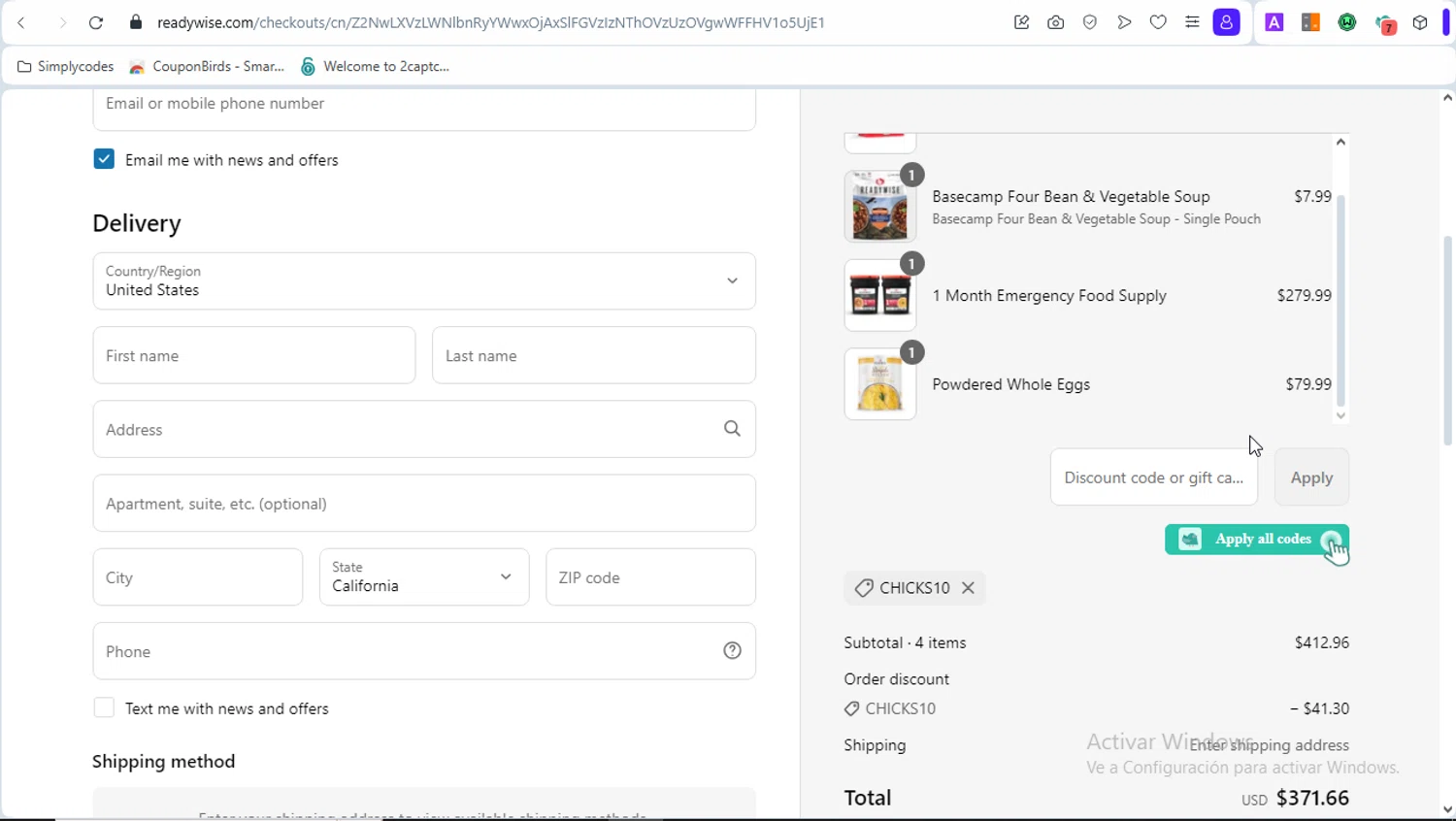 Simple Kitchen Foods promo code screenshot showing code CHICKS10 applied at Simple Kitchen Foods checkout page. Uploaded by SimplyCodes community member PrincessCoupon on Mar 29, 2025