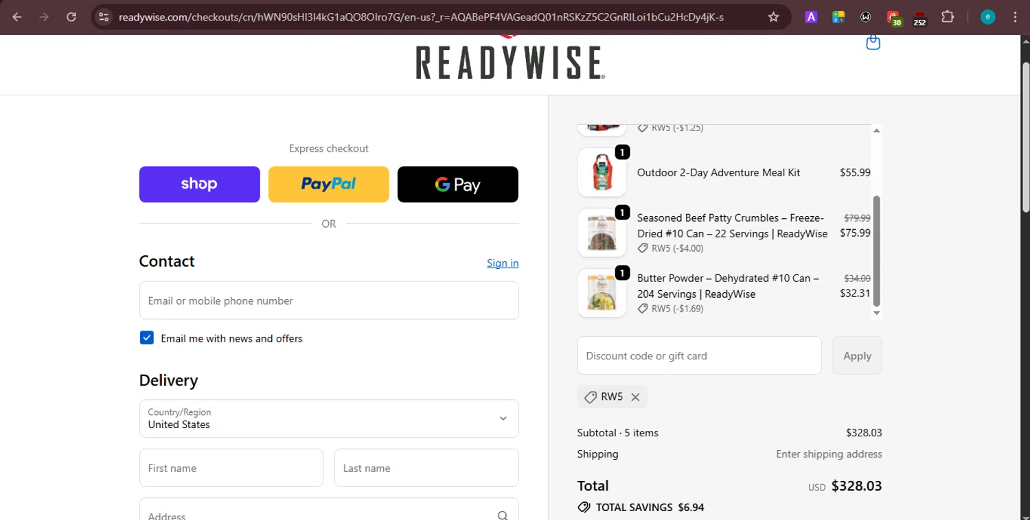 Simple Kitchen Foods promo code screenshot showing code RW5 applied at Simple Kitchen Foods checkout page. Uploaded by SimplyCodes community member PrincessCoupon on Feb 20, 2026