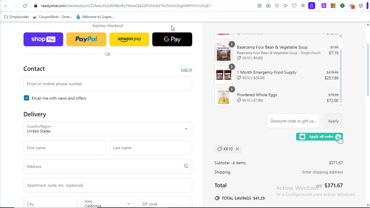 Simple Kitchen Foods promo code screenshot showing code KK10 applied at Simple Kitchen Foods checkout page. Uploaded by SimplyCodes community member LOVECOUPON on Mar 29, 2025