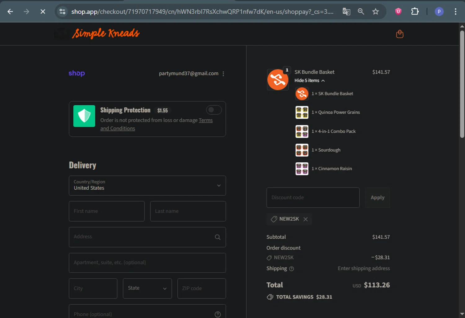 Simple Kneads coupon code screenshot showing code NEW2SK applied at Simple Kneads checkout page. Uploaded by SimplyCodes community member DealAce9542 on Oct 8, 2025