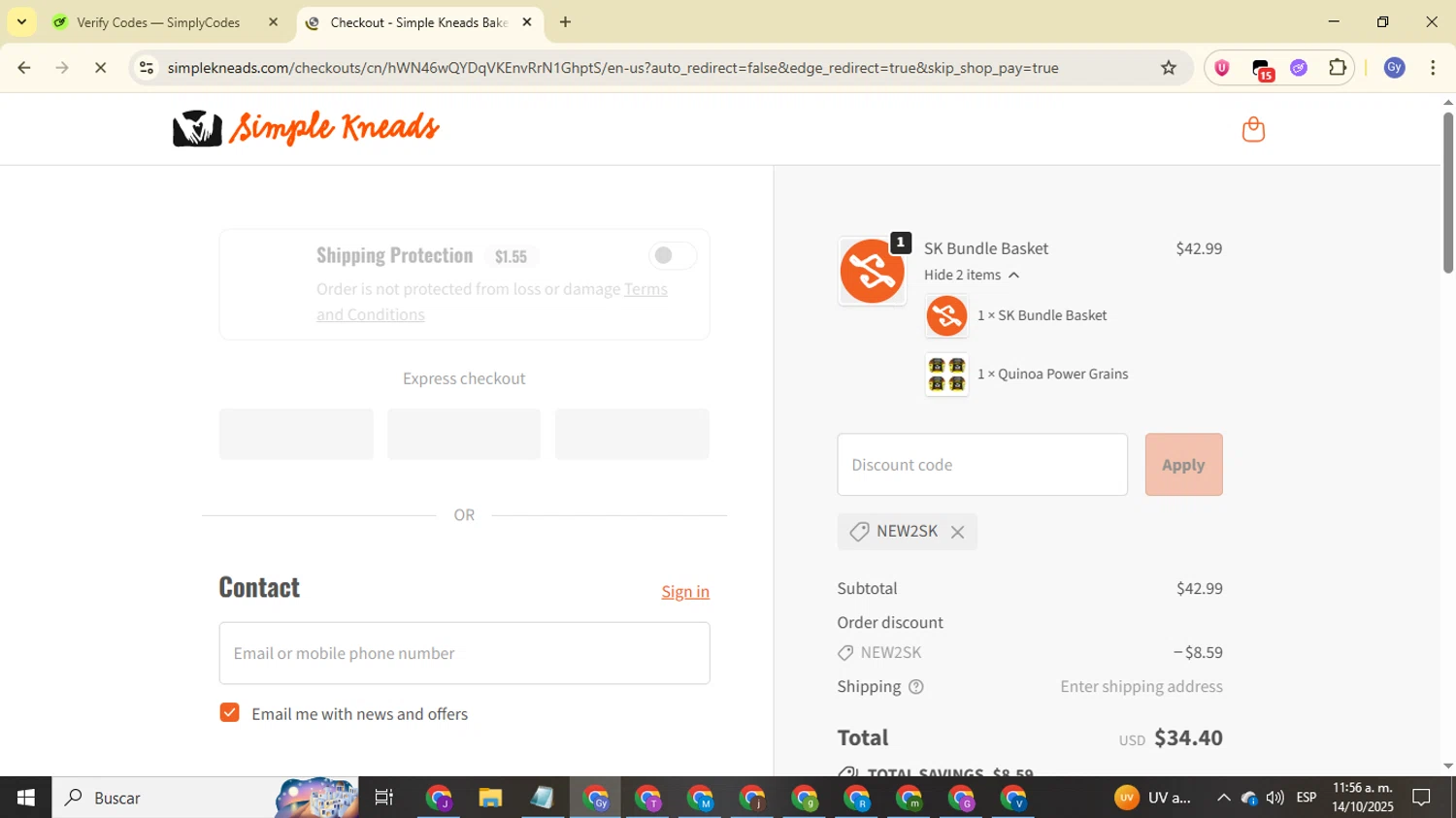 Simple Kneads coupon code screenshot showing code NEW2SK applied at Simple Kneads checkout page. Uploaded by SimplyCodes community member FrugalOwl962 on Oct 14, 2025