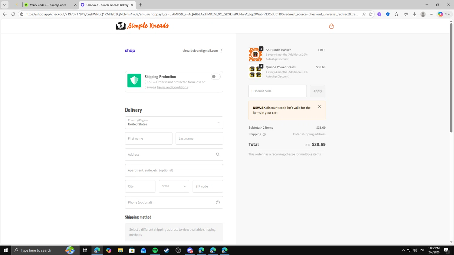 Simple Kneads checkout page showing Simple Kneads coupon code box | Screenshot taken by SimplyCodes community member on Feb 5, 2026