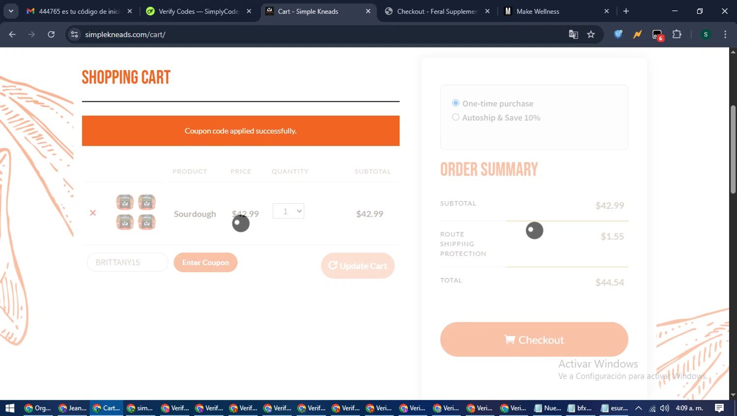 Simple Kneads coupon code screenshot showing code BRITTANY15 applied at Simple Kneads checkout page. Uploaded by SimplyCodes community member ShrewdAce7935 on Jun 21, 2025