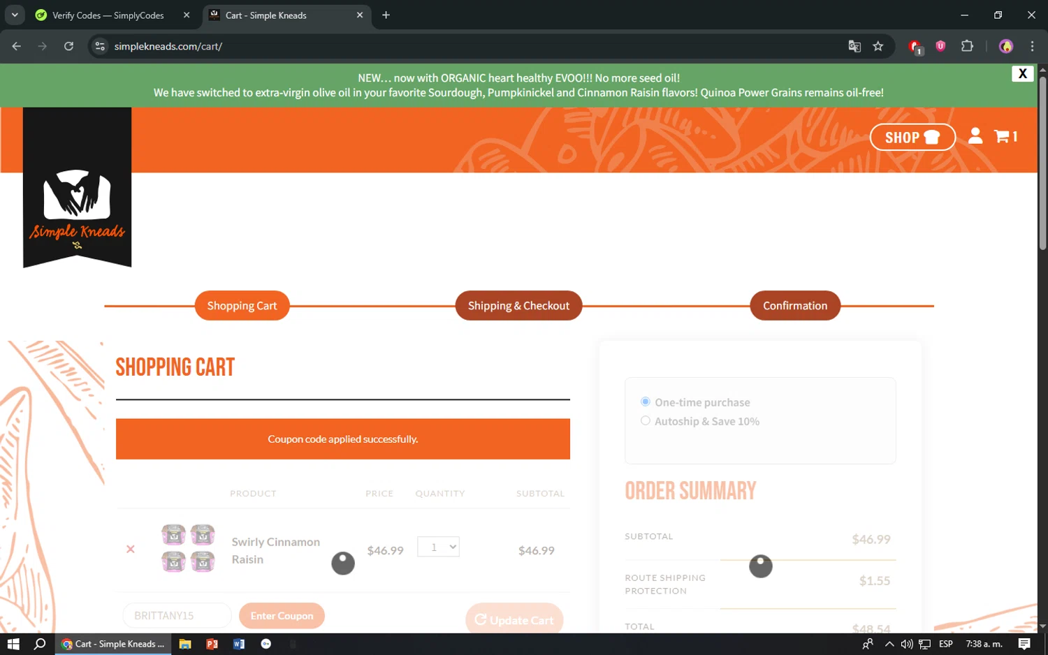 Simple Kneads coupon code screenshot showing code BRITTANY15 applied at Simple Kneads checkout page. Uploaded by SimplyCodes community member TreasureShopper9156 on Jun 15, 2025