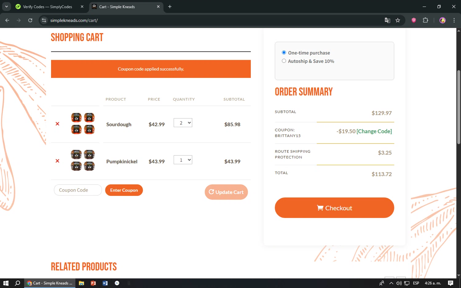 Simple Kneads coupon code screenshot showing code BRITTANY15 applied at Simple Kneads checkout page. Uploaded by SimplyCodes community member TreasureShopper9156 on Jun 28, 2025
