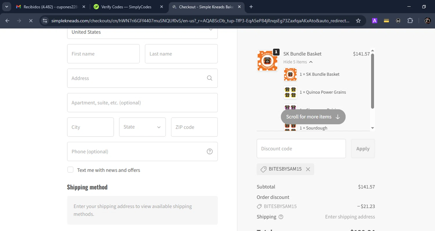 Simple Kneads checkout page showing Simple Kneads coupon code box | Screenshot taken by SimplyCodes community member on Jan 21, 2026