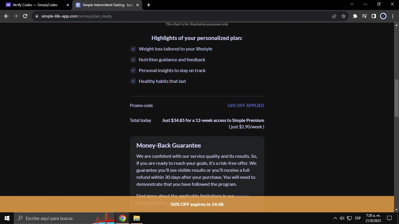 Simple Life App checkout page showing Simple Life App promo code box | Screenshot taken by SimplyCodes community member on Aug 21, 2023