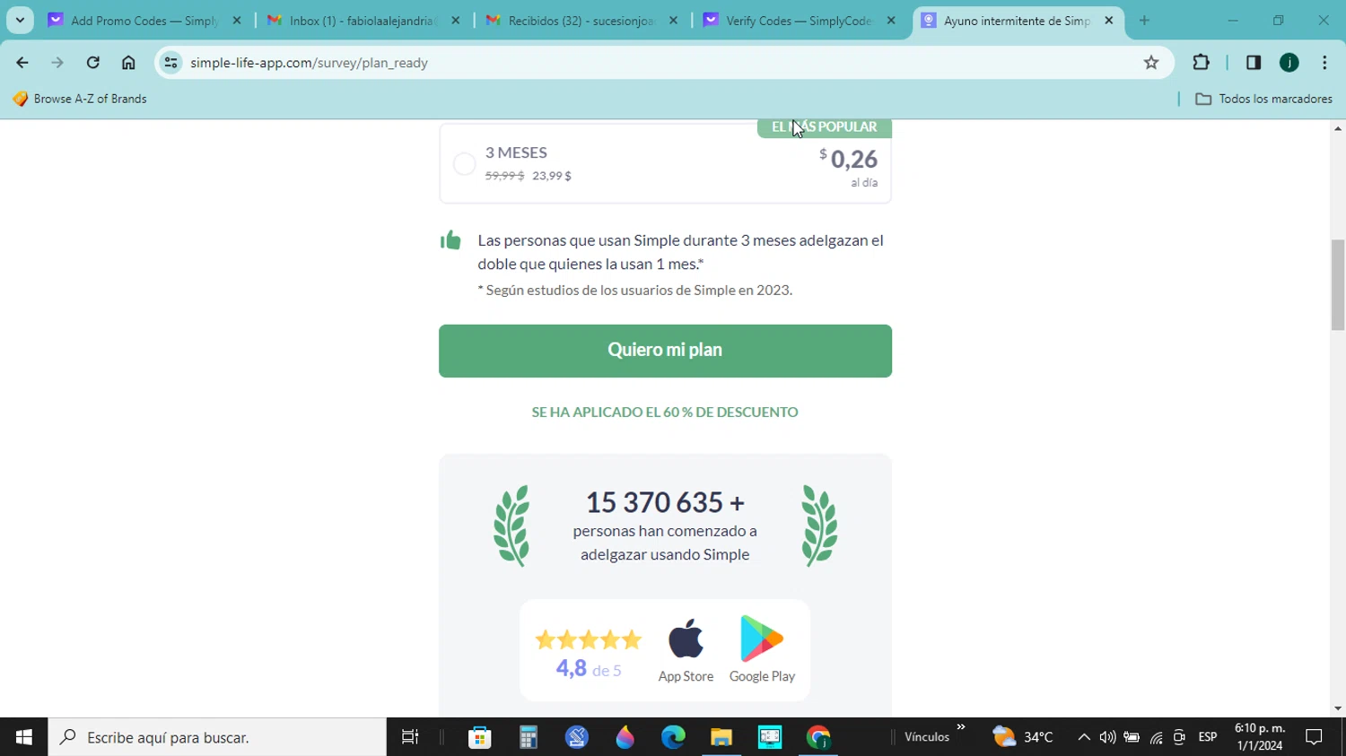 Simple Life App checkout page showing Simple Life App promo code box | Screenshot taken by SimplyCodes community member on Jan 1, 2024