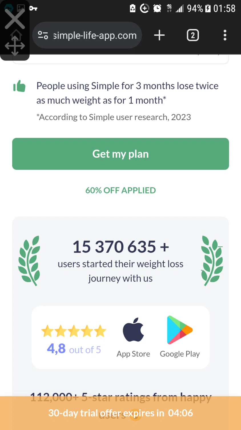 Simple Life App checkout page showing Simple Life App promo code box | Screenshot taken by SimplyCodes community member on Dec 22, 2023