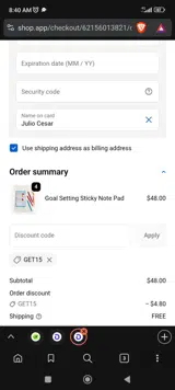 GET15 coupon verification screenshot