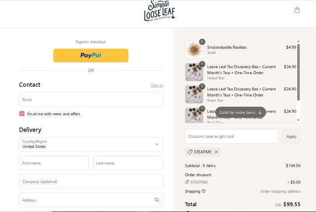 Simple Loose Leaf checkout page showing Simple Loose Leaf discount code box | Screenshot taken by SimplyCodes community member on Sep 10, 2025