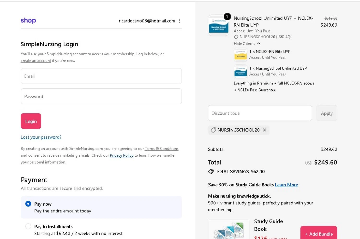 Simple Nursing promo code screenshot showing code NURSINGSCHOOL20 applied at Simple Nursing checkout page. Uploaded by SimplyCodes community member LAMINEJAMAL on Jun 16, 2026