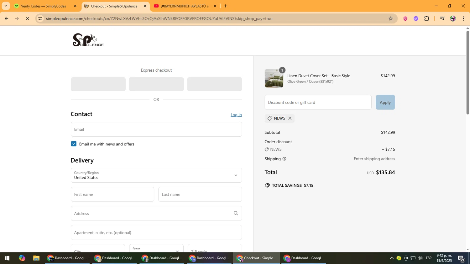 Simple&Opulence promo code screenshot showing code NEW5 applied at Simple&Opulence checkout page. Uploaded by SimplyCodes community member Vanmanuel on Jun 16, 2025