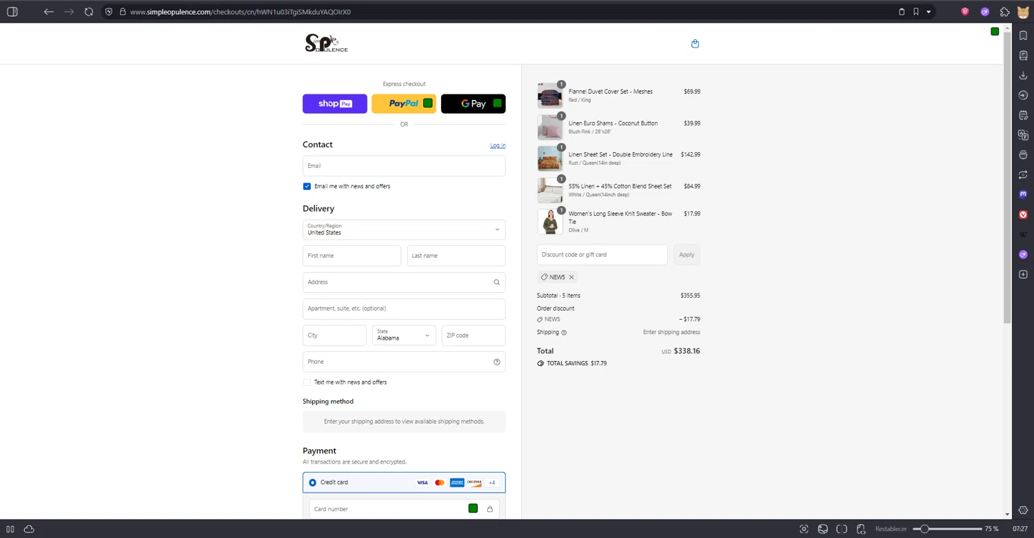 Simple&Opulence promo code screenshot showing code NEW5 applied at Simple&Opulence checkout page. Uploaded by SimplyCodes community member kaiser2 on Aug 17, 2025