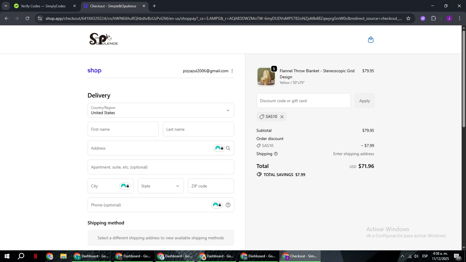 Simple&Opulence promo code screenshot showing code SAS10 applied at Simple&Opulence checkout page. Uploaded by SimplyCodes community member ComeBurra123 on Dec 11, 2025